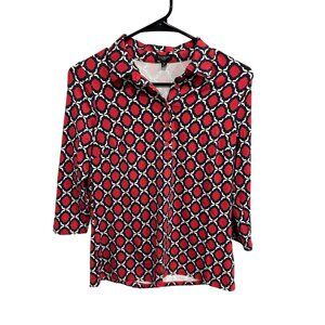 Talbots Petite Womens Geometric Print 3/4 Sleeves Button-Up Blouse Size SP Prepp